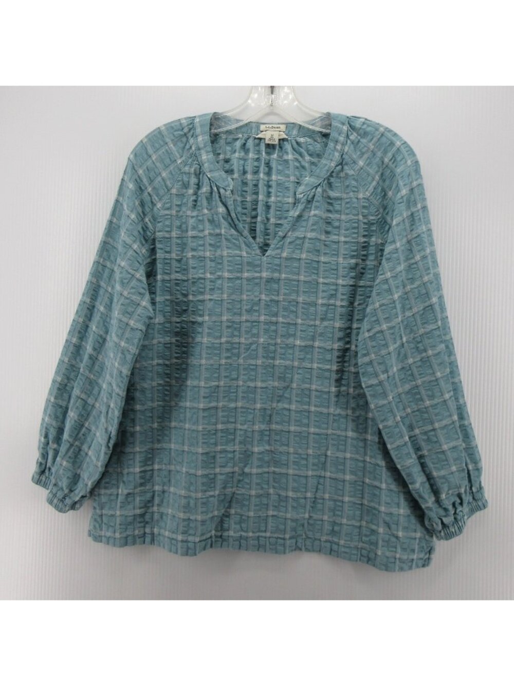 LL Bean Top Medium Blouse Seersucker Plaid Stretch Preppy Pullover